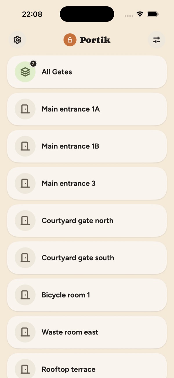Portik's list of doors with a group at the top